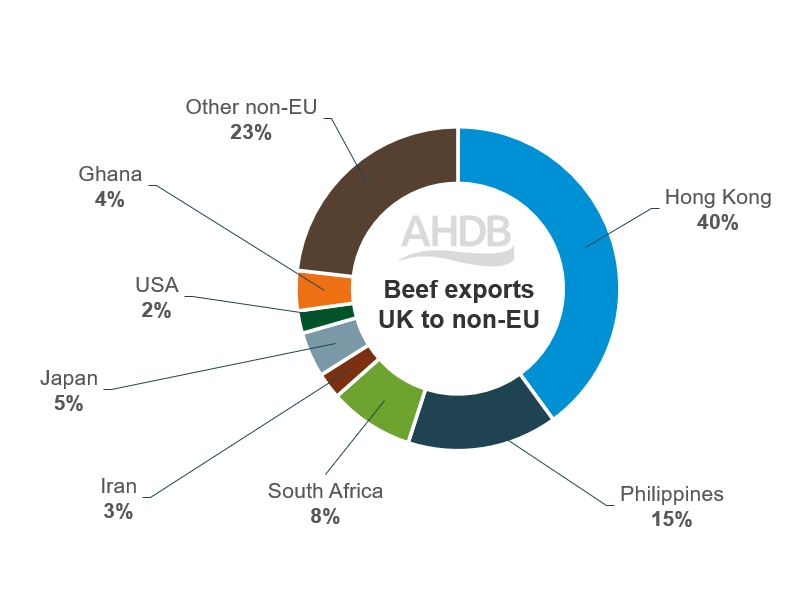 Pie chart to show the non-EU destination of UK beef exports based on the 2019 to 21 average